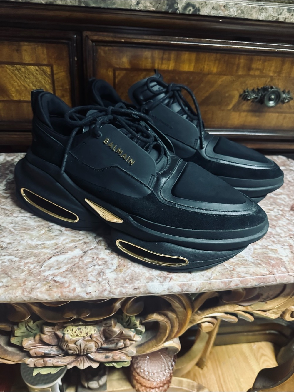 Balmain Black Sneakers with Gold Accents